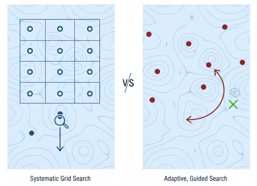 Diagram: DOE vs BO — fixed plan vs adaptive loop